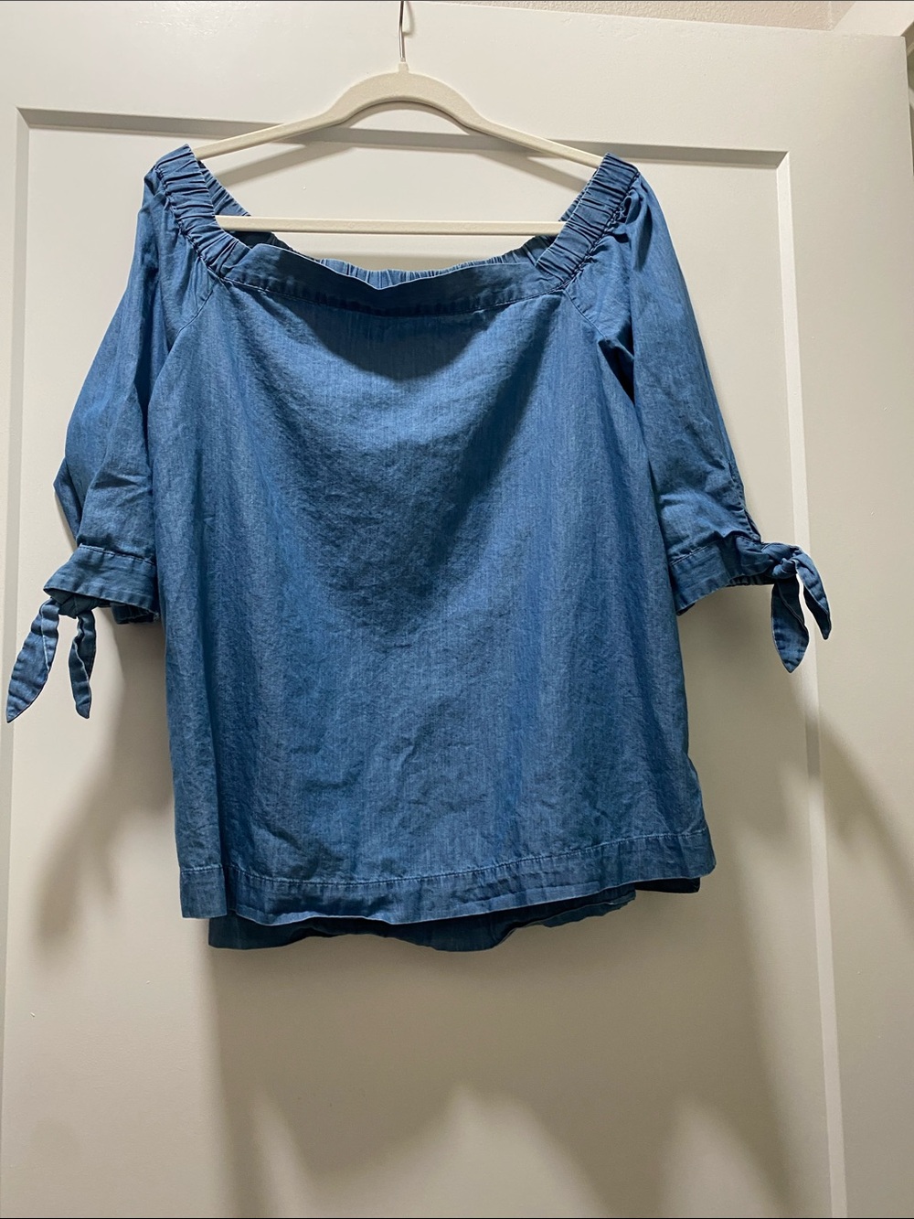 LOFT Denim Off-Shoulder Blouse with Tie Sleeves - Blue